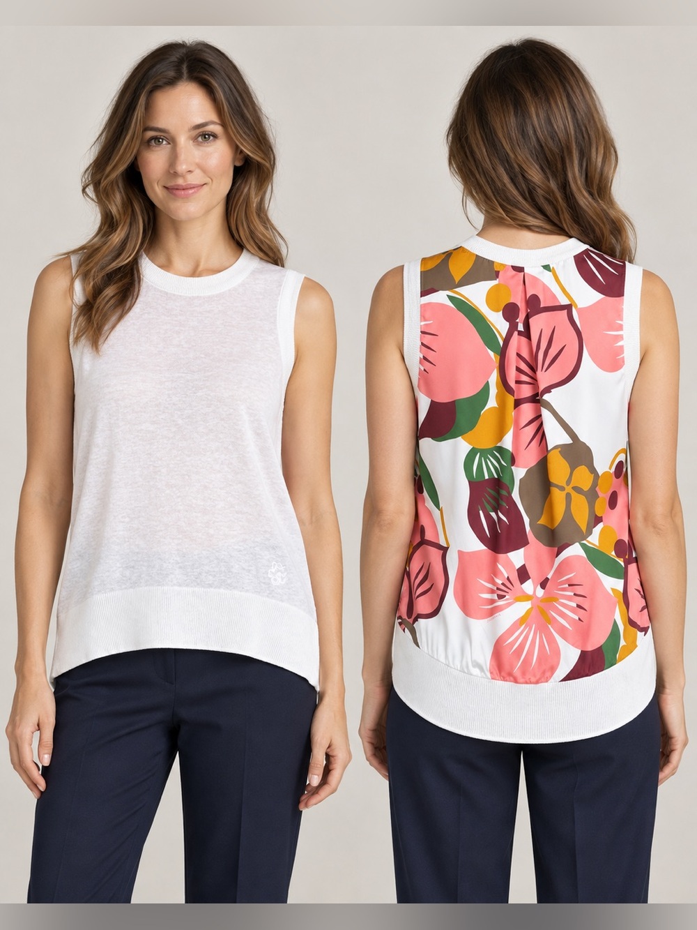 Ted Baker Tamian Size 3 White Linen Knit Floral Back High Low Tank Top